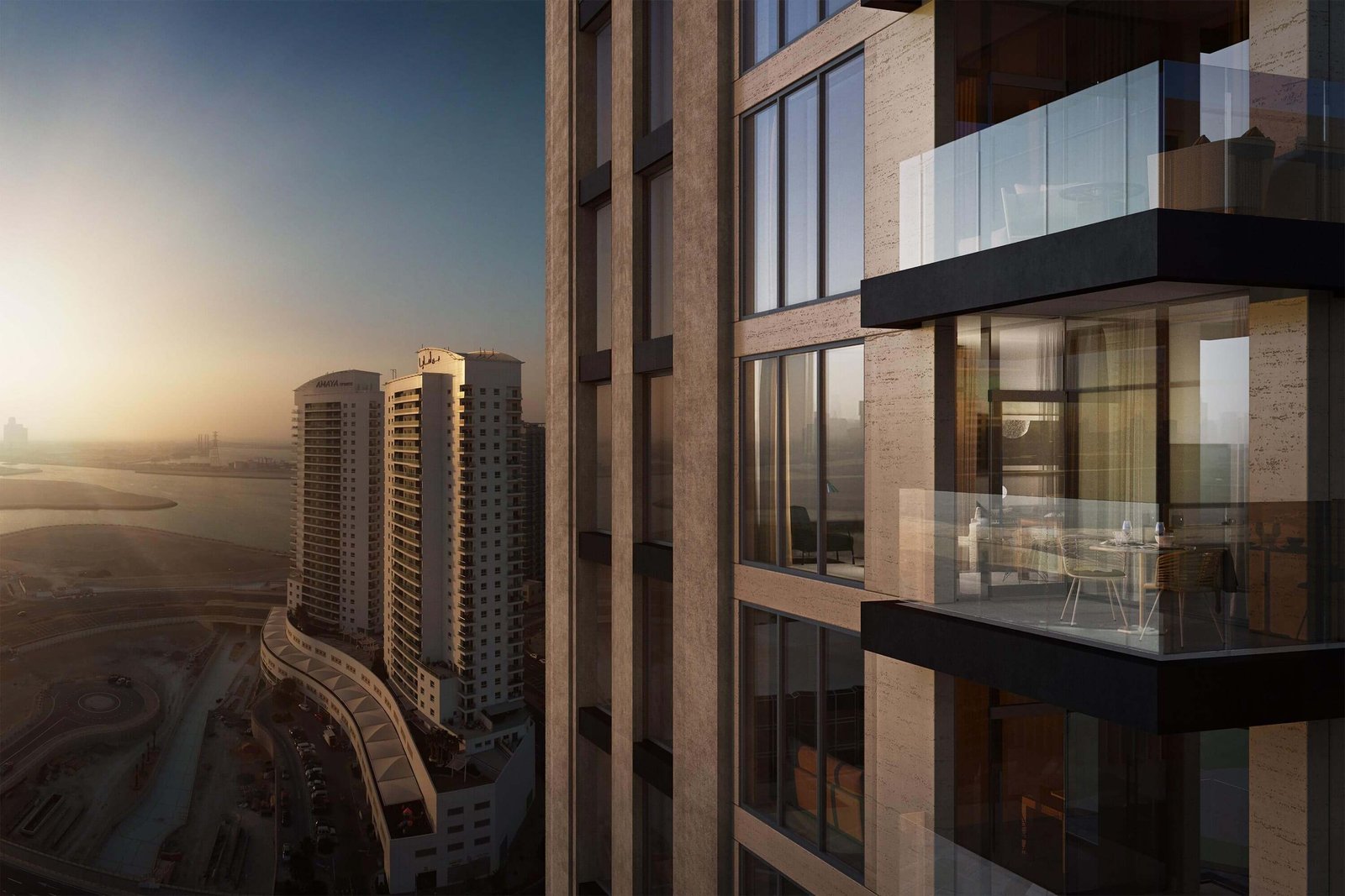 Interior living room of a 1-bedroom apartment at The Bridges, Reem Island Abu Dhabi featuring contemporary design and luxury finishes