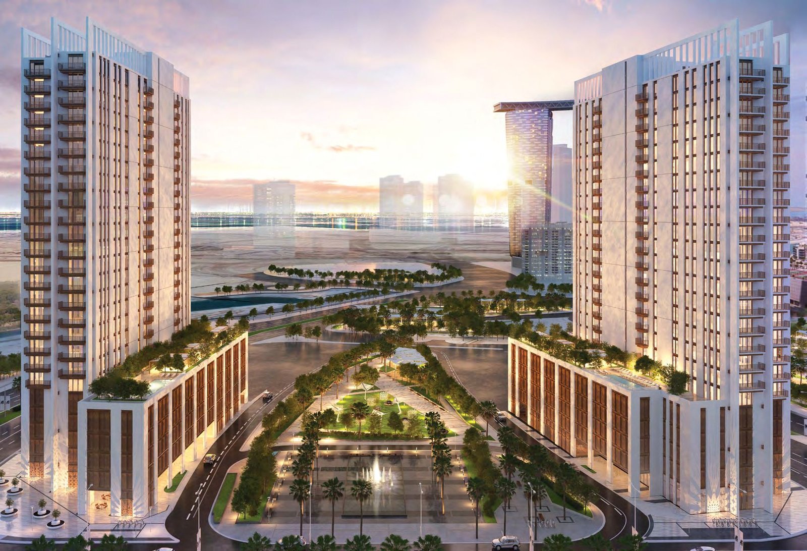 Reflection Tower podium-level infinity pool overlooking Reem Island park and skyline, offering luxury leisure for residents.